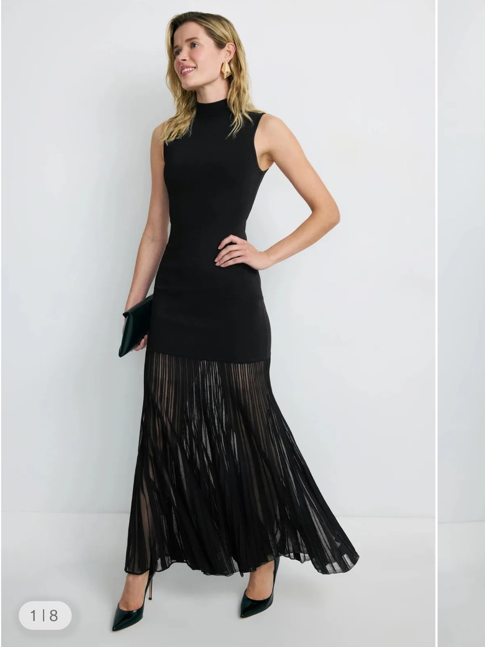 Michael Kors Black Sleeveless Mock-Neck Maxi Dress with Pleated Sheer Skirt